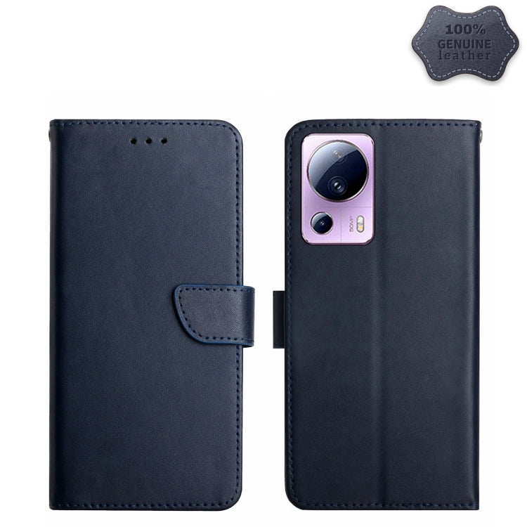 Genuine leather flip phone case with camera cutout, dark blue, secure strap closure