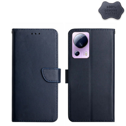 Genuine leather flip phone case with camera cutout, dark blue, secure strap closure