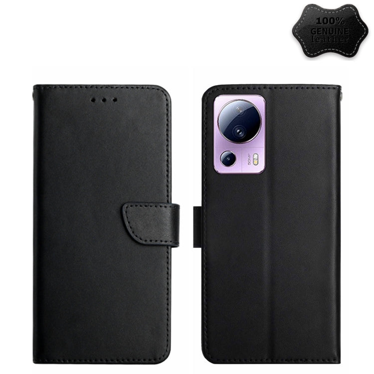 Genuine leather flip phone case with phone back cutout, black, secure strap closure