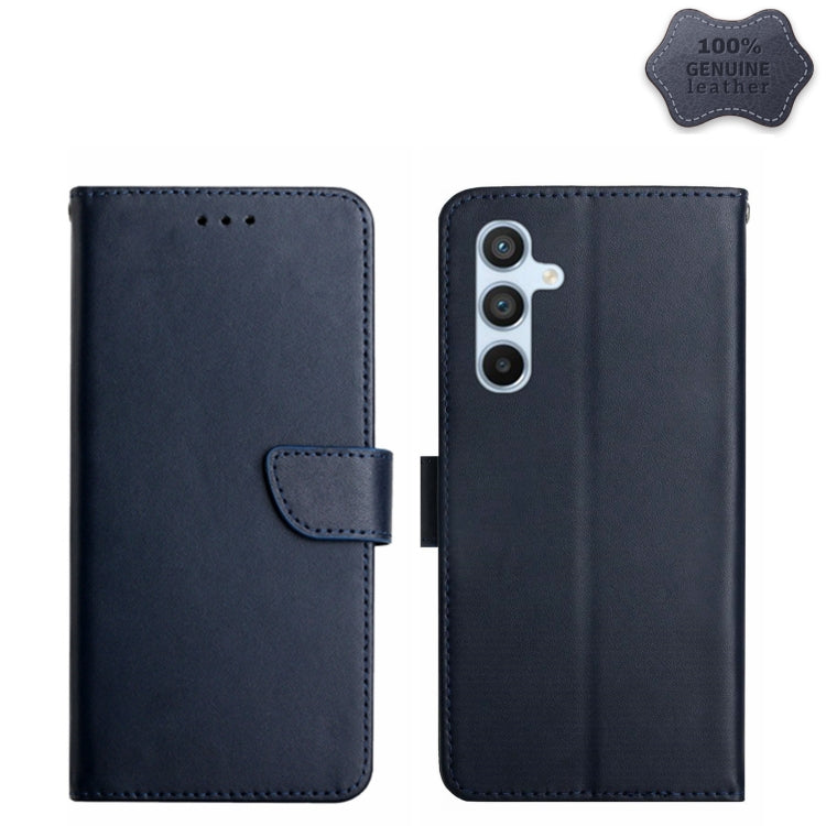 Genuine leather flip phone case with triple camera cutout, dark blue, secure strap closure