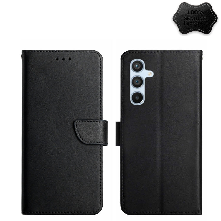 Black genuine leather flip phone case with side flap and camera cutout.