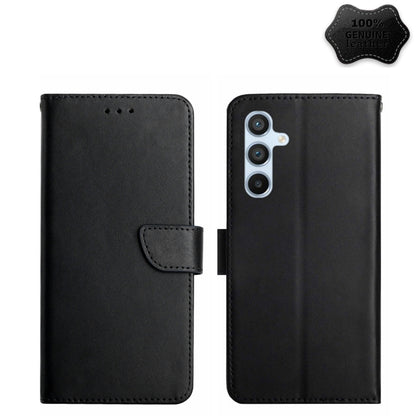 Black genuine leather flip phone case with side flap and camera cutout.