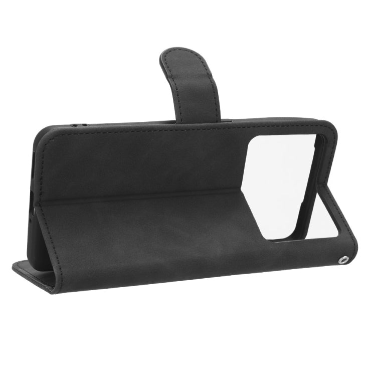 Black magnetic flip leather phone case in landscape kickstand position
