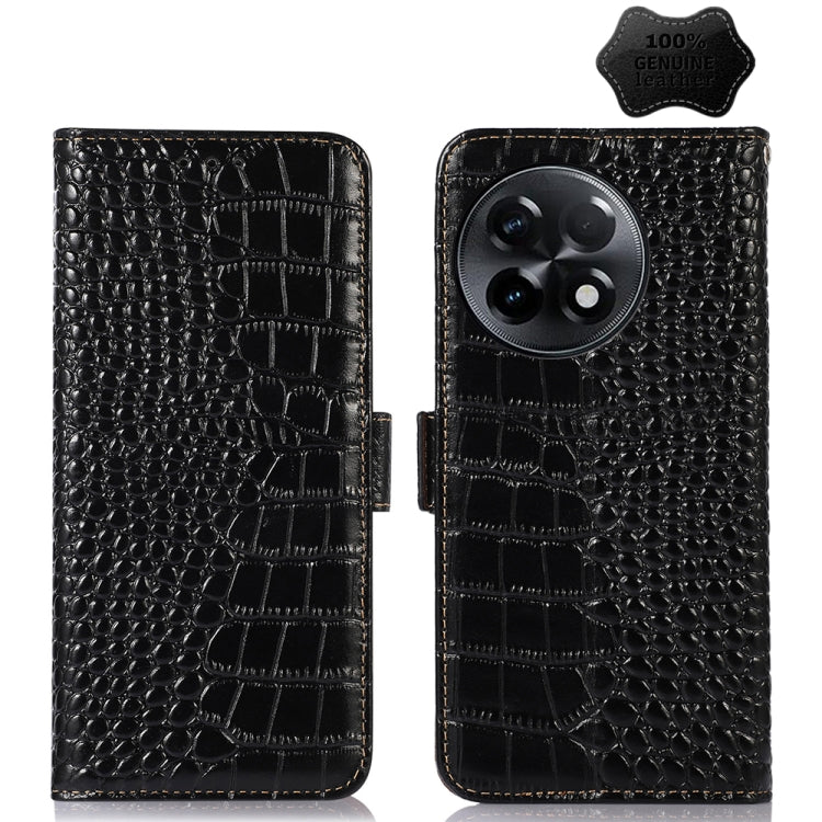 Black crocodile-texture leather flip phone case with stitched edges and camera cutout