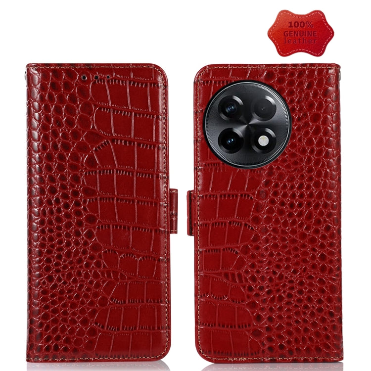 Red crocodile-texture leather flip phone case with stitched edges and camera cutout