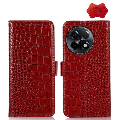 Red crocodile-texture leather flip phone case with stitched edges and camera cutout