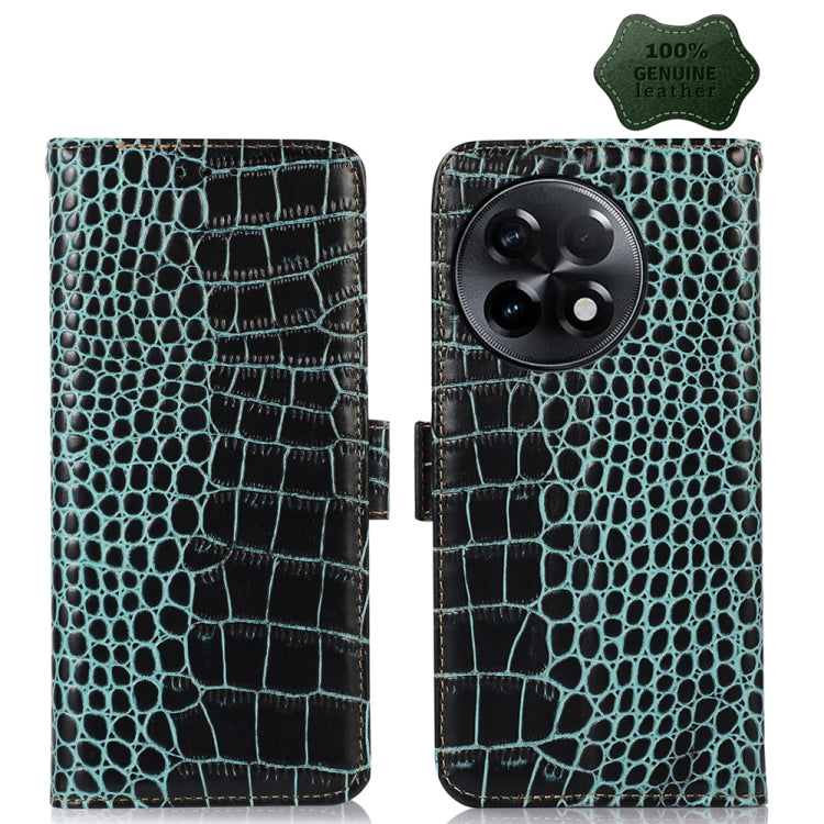 Green crocodile-texture leather flip phone case with camera cutout and magnetic flap