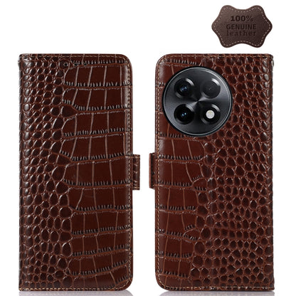 Brown crocodile-texture leather flip phone case with stitched edges and camera cutout