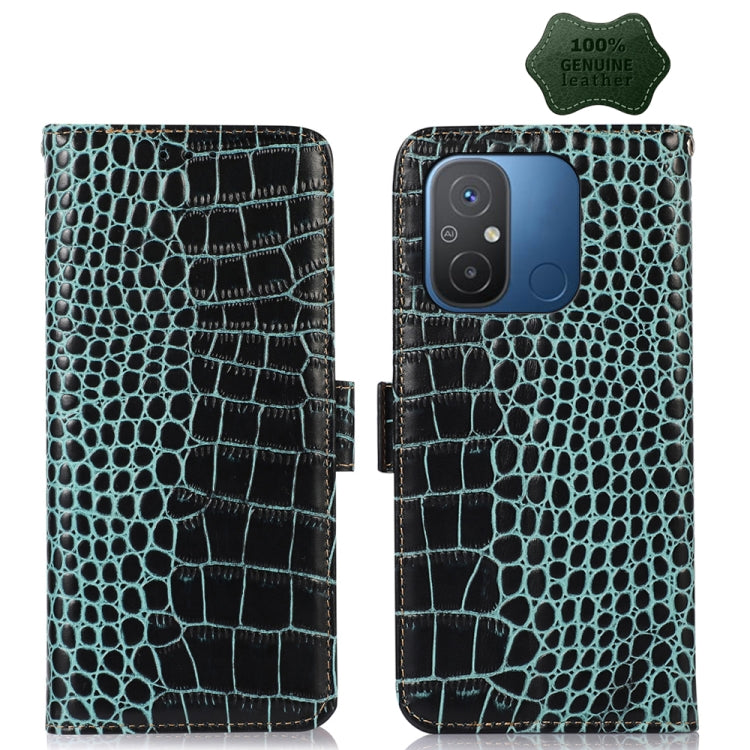 Green crocodile-embossed leather phone case with flip cover and camera cutout