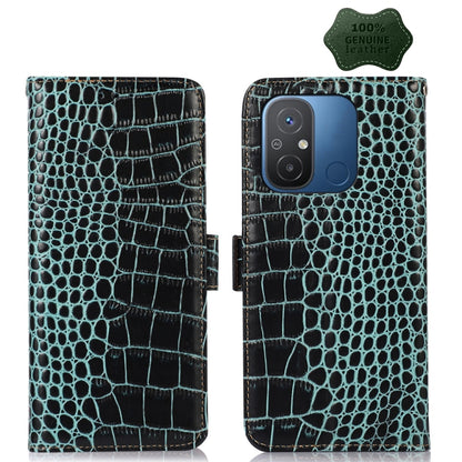 Green crocodile-embossed leather phone case with flip cover and camera cutout