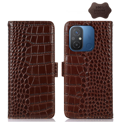 Brown crocodile-embossed leather phone case with flip cover and camera cutout