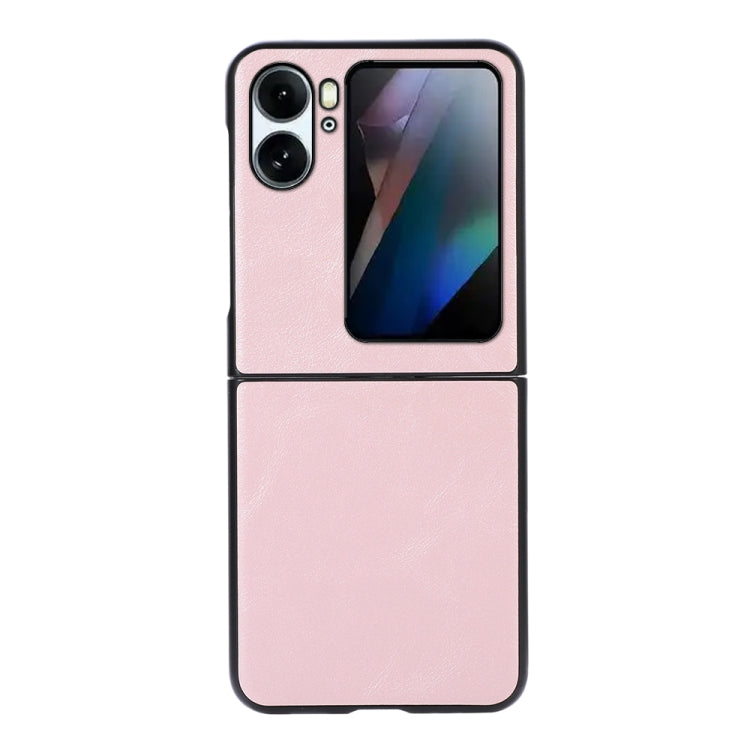 Pink flip phone case with faux cowhide texture and camera cutouts for OPPO Find N2 Flip.