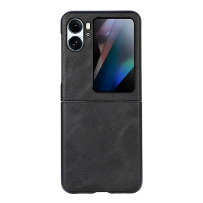 Black flip phone case with faux cowhide texture and camera cutouts for OPPO Find N2 Flip.