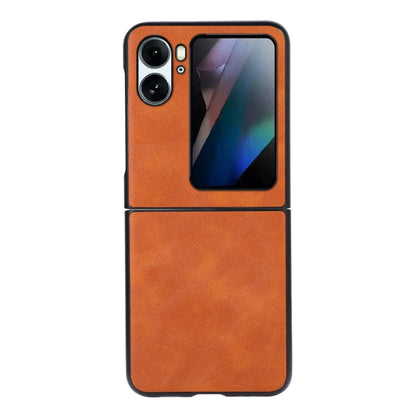 Orange flip phone case with faux cowhide texture and camera cutouts for OPPO Find N2 Flip.