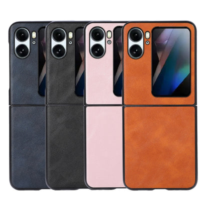 Set of faux cowhide flip phone cases for OPPO Find N2 Flip in black, pink, and orange.