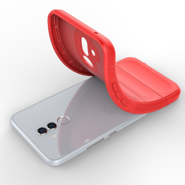 Red TPU phone case with flannel lining, back cover flipped open
