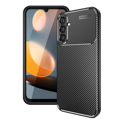 Carbon fiber textured TPU phone case with triple camera cutouts and raised edges
