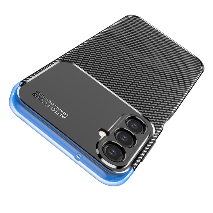 TPU phone case with carbon fiber back, raised camera bump, and shockproof bumper edges