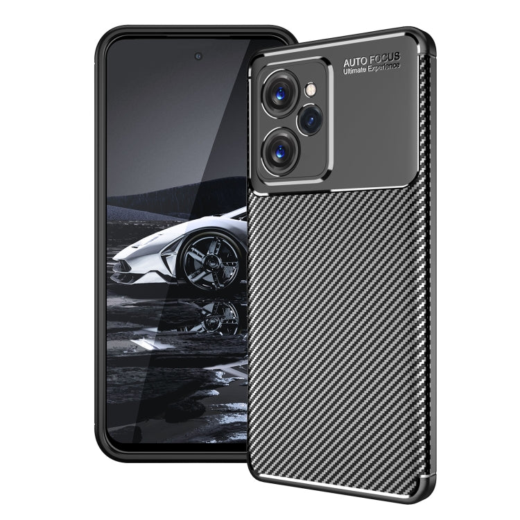 Carbon fiber textured TPU phone case shown front and back with triple camera cutouts