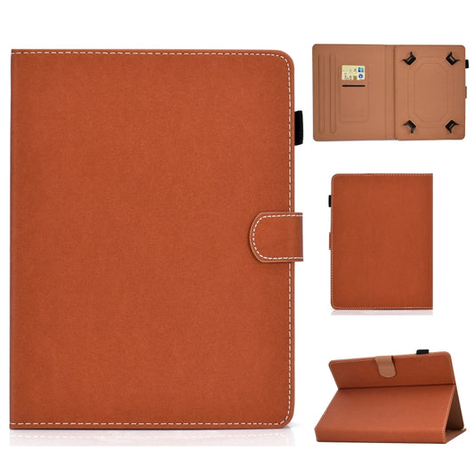 Brown leather tablet case with magnetic flip, card slots, and stand holder