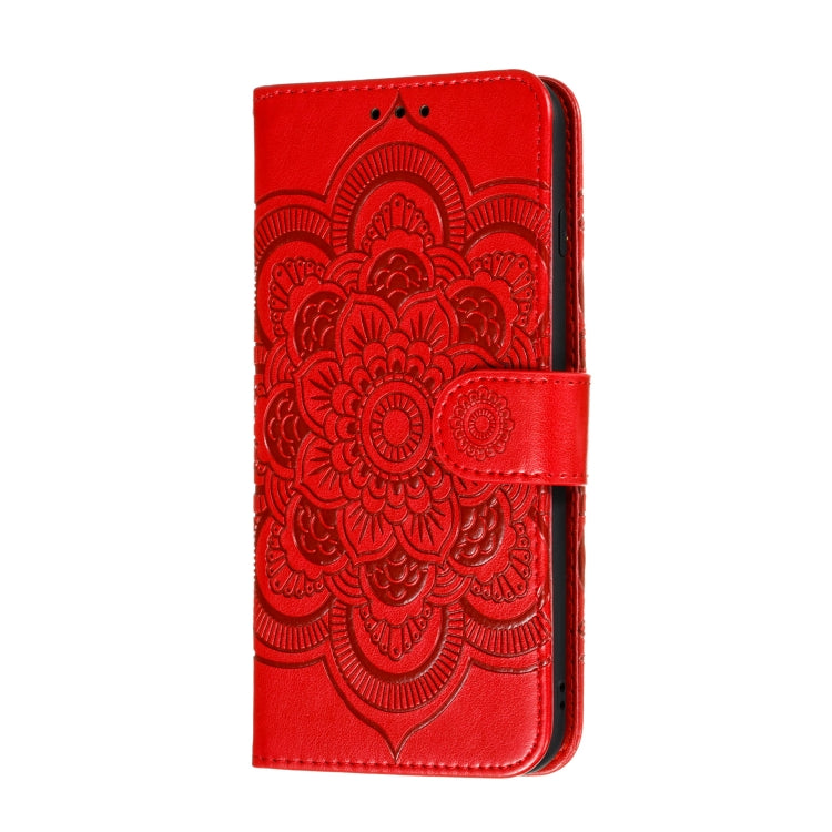 Red PU leather wallet phone case with mandala embossed front, side flip closure