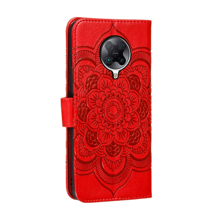 Red PU leather phone case with mandala embossed design and camera cutout
