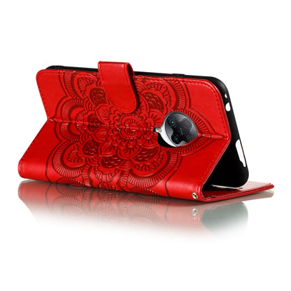 Red PU leather phone case with mandala embossed front and open stand position