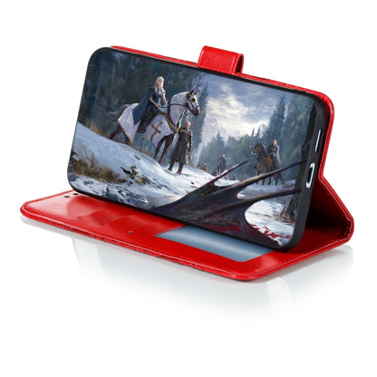 Red PU leather flip wallet phone case propped up as a stand