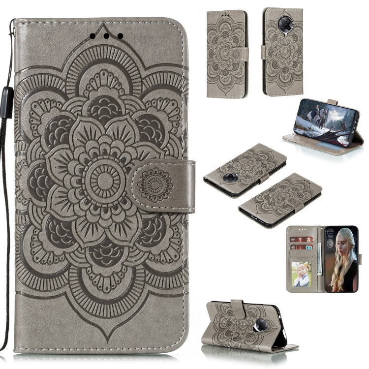 Gray PU leather phone case with mandala embossed front and horizontal flip cover