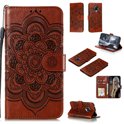 Brown PU leather phone wallet case with embossed mandala, card slots, lanyard strap