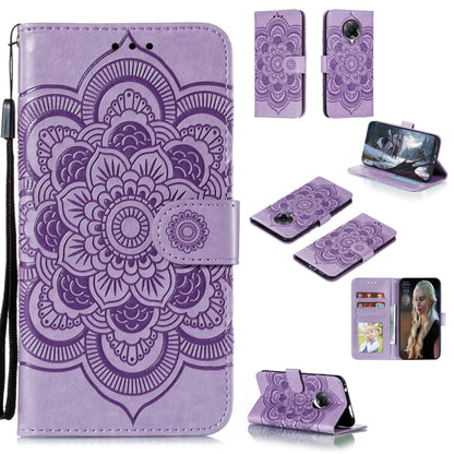 Purple PU leather phone wallet case with embossed mandala, card slots, lanyard strap
