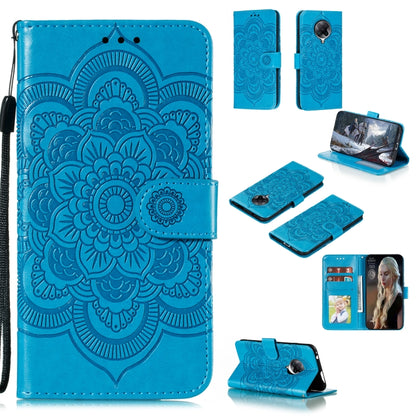 Blue PU leather phone wallet case with embossed mandala, card slots, lanyard strap