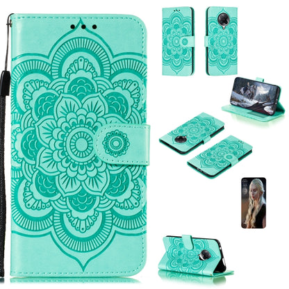 Teal PU leather phone wallet case with embossed mandala, card slots, lanyard strap