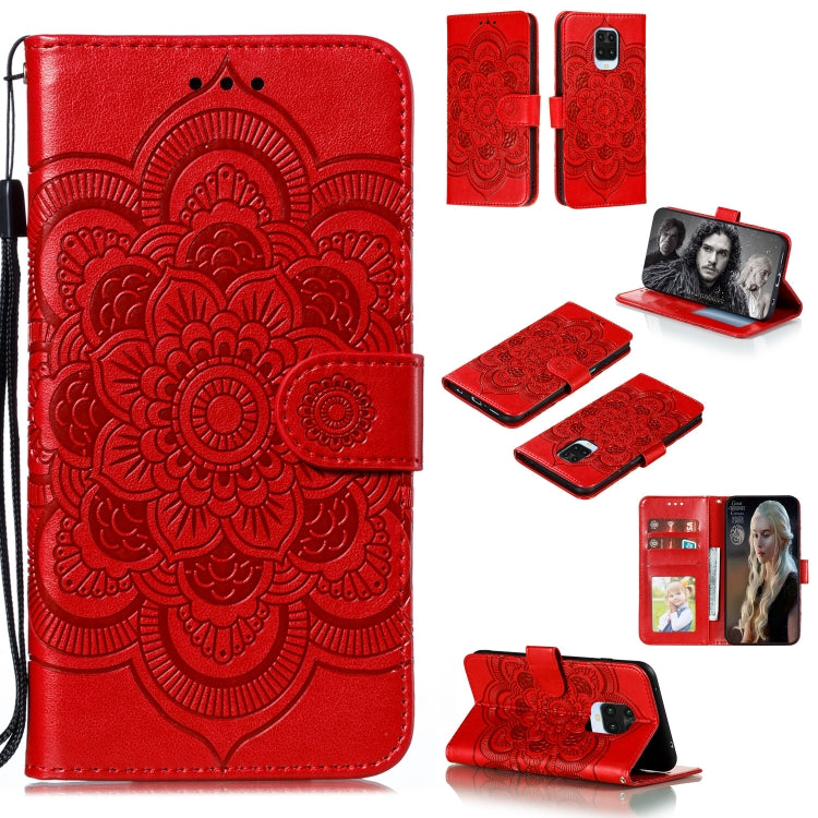 Red PU leather phone wallet case with embossed mandala, card slots, lanyard strap
