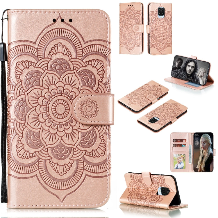 Light blush pink PU leather phone wallet case with embossed mandala, card slots, lanyard strap