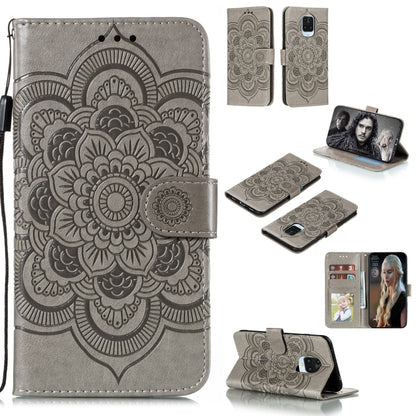 Gray mandala embossed PU leather phone wallet case with magnetic flap and strap