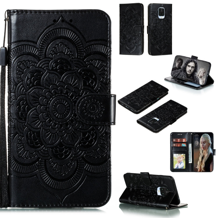 Black mandala embossed PU leather phone wallet case with magnetic flap and strap