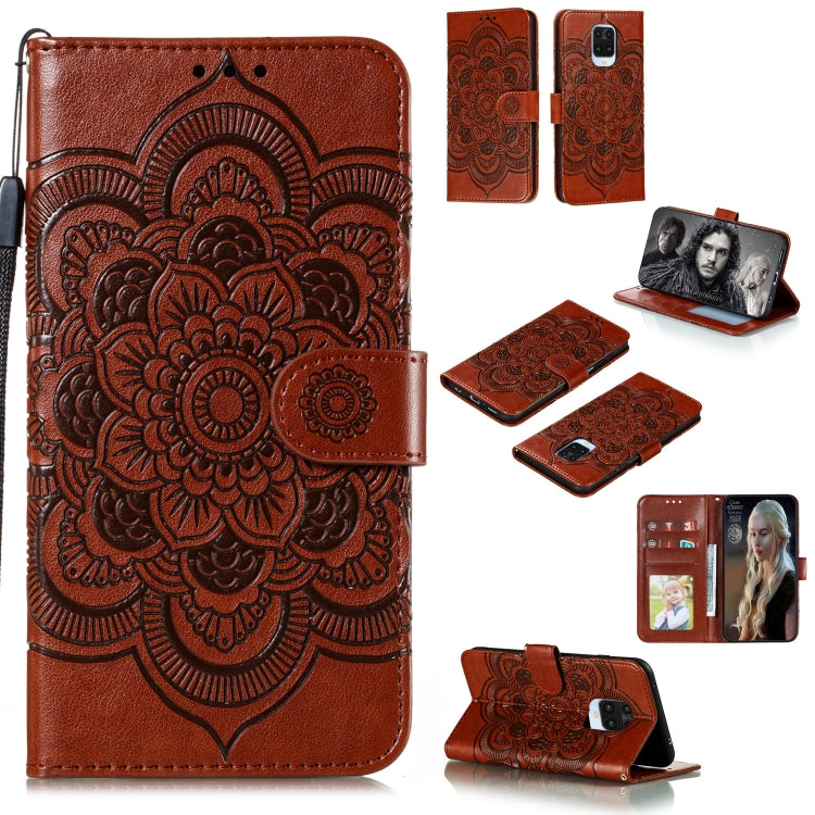 Brown mandala embossed flip PU leather phone case with card slots and holder