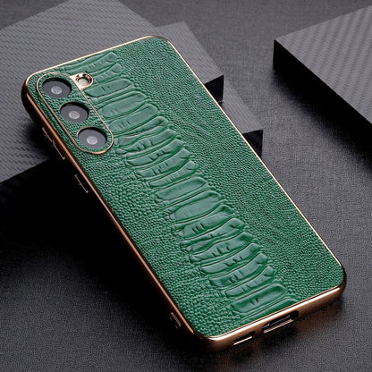 Genuine leather phone case, green crocodile-texture with raised camera rings
