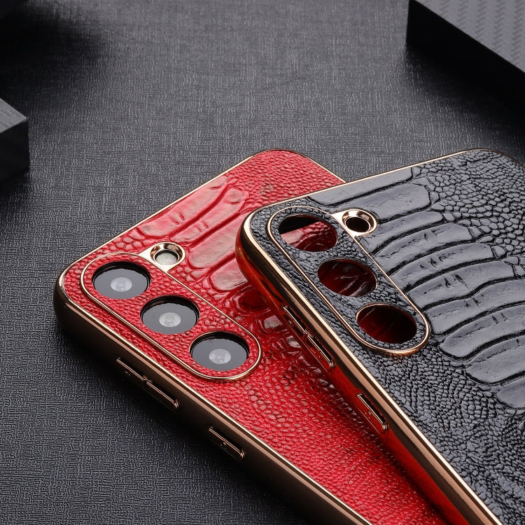 Red and black genuine leather phone cases with crocodile texture and camera cutouts