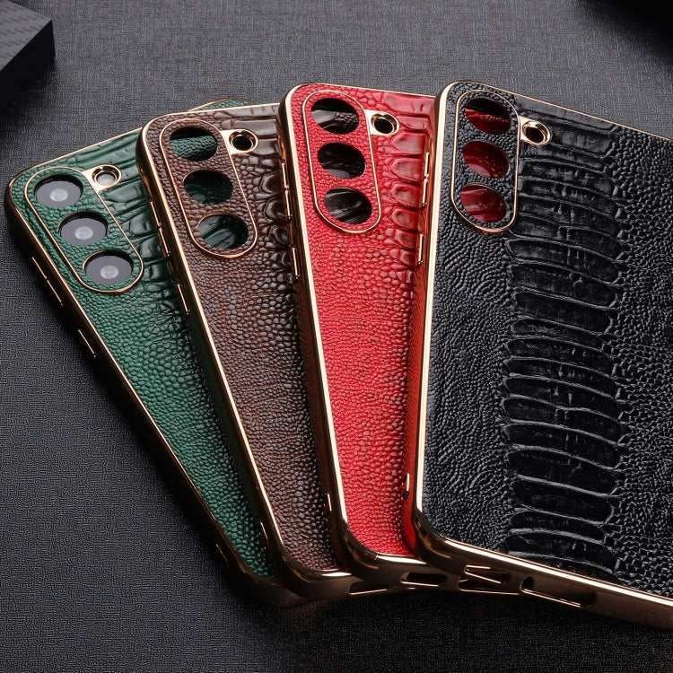 Set of four genuine leather phone cases: green, coffee, red, and black crocodile texture
