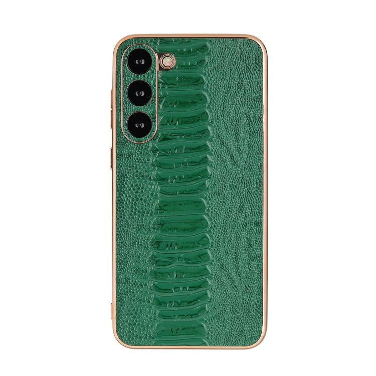 Genuine leather phone case, green crocodile-texture with rose-gold trim