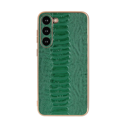 Genuine leather phone case, green crocodile-texture with rose-gold trim