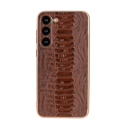 Genuine leather phone case, coffee brown glossy crocodile pattern with camera cutouts