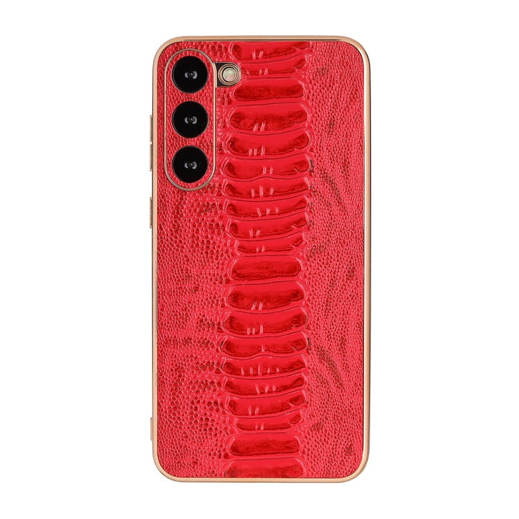 Genuine leather phone case, red glossy crocodile pattern with triple camera cutouts
