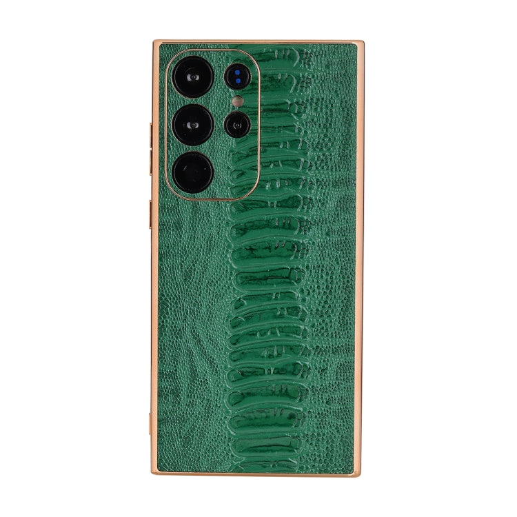 Green genuine leather phone case with crocodile-texture finish and camera cutouts