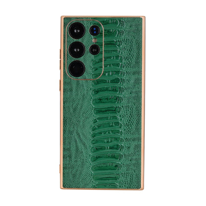 Green genuine leather phone case with crocodile-texture finish and camera cutouts