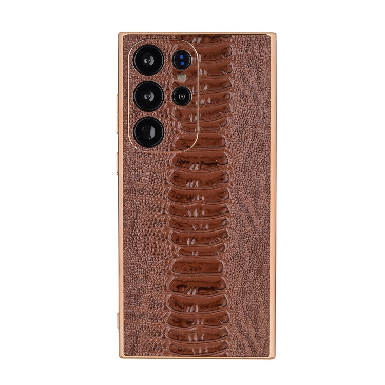 Coffee brown genuine leather phone case with crocodile-texture finish and camera cutouts