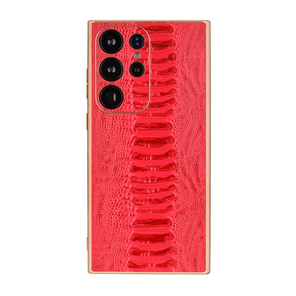 Red genuine leather phone case with crocodile-texture finish and camera cutouts