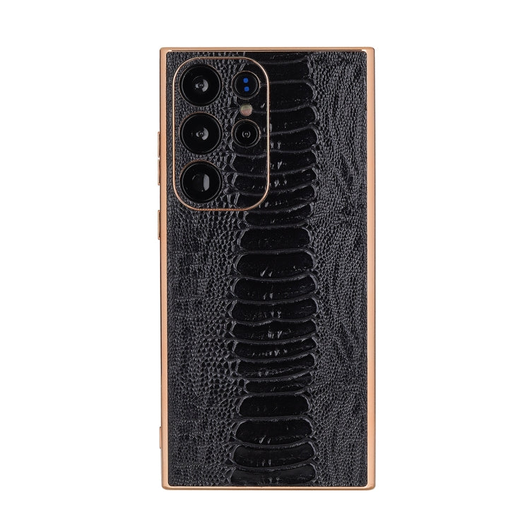 Black genuine leather phone case with crocodile-texture finish and camera cutouts